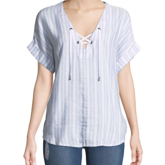 Like new Rails Jeri Linen Blend Blue & White Stripe Top - Picture 4 of 15